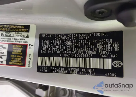 2012 Toyota Camry Se/Xle from USA, damaged, VIN 4T1BK1FK8CU016506